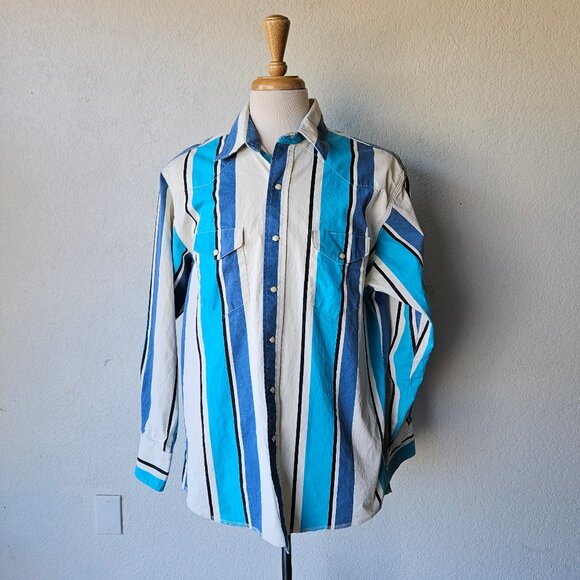 Wrangler Other - Vintage 90s Wrangler Brushpopper Pearl Snap Button Striped Western Shirt 17-35 L